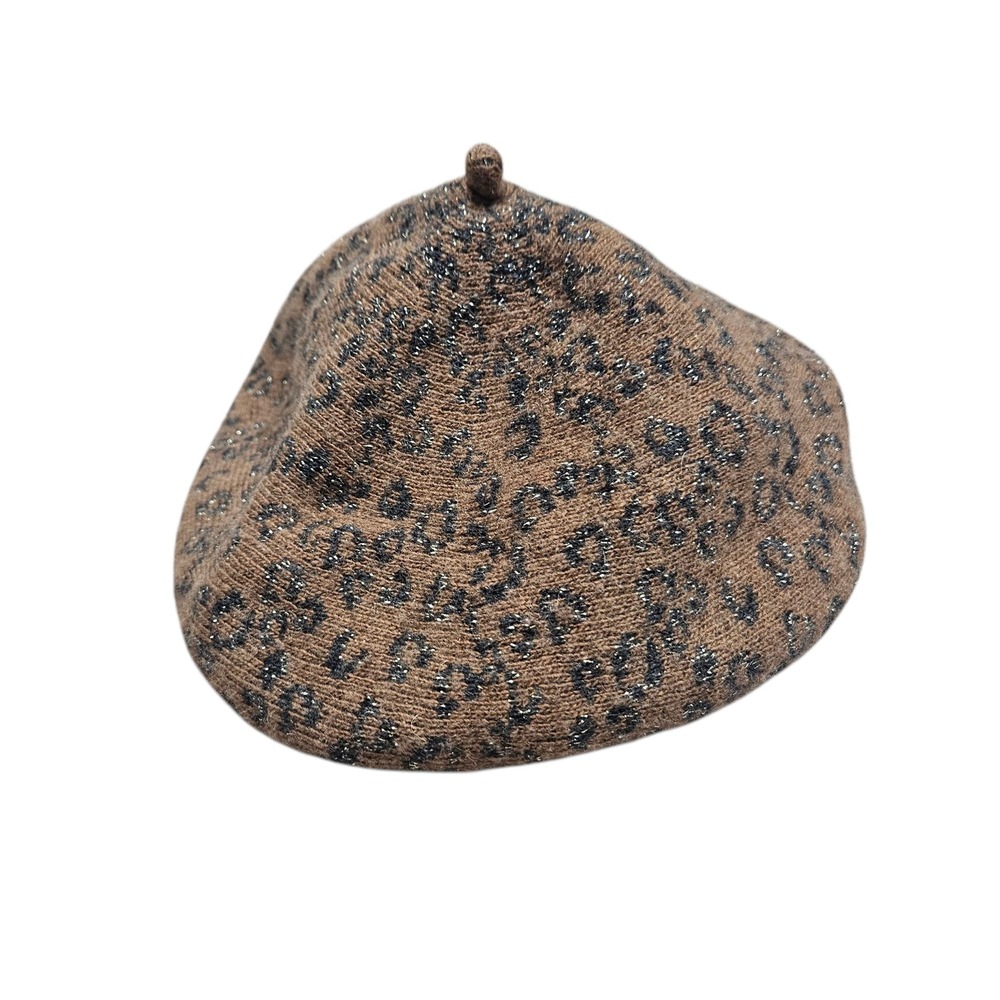 Fonem Leopard Print Beret Hat Wool Blend Brown Black Sparkle‎ Knit